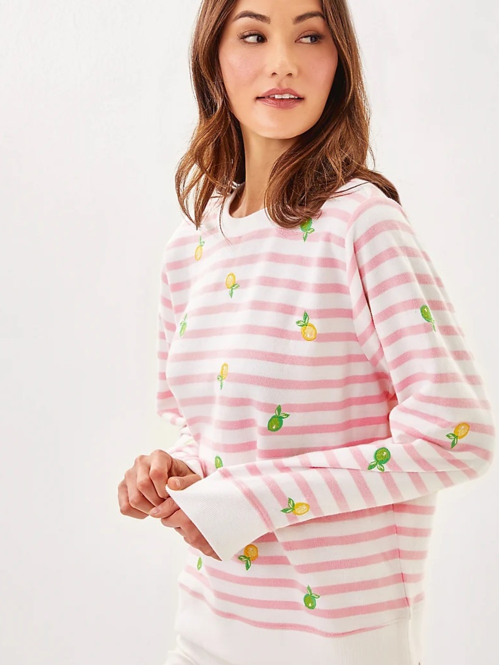 Lilly Pulitzer Ballad Sweatshirt Pink Stripe Lemon Embroidery NWT - Size M